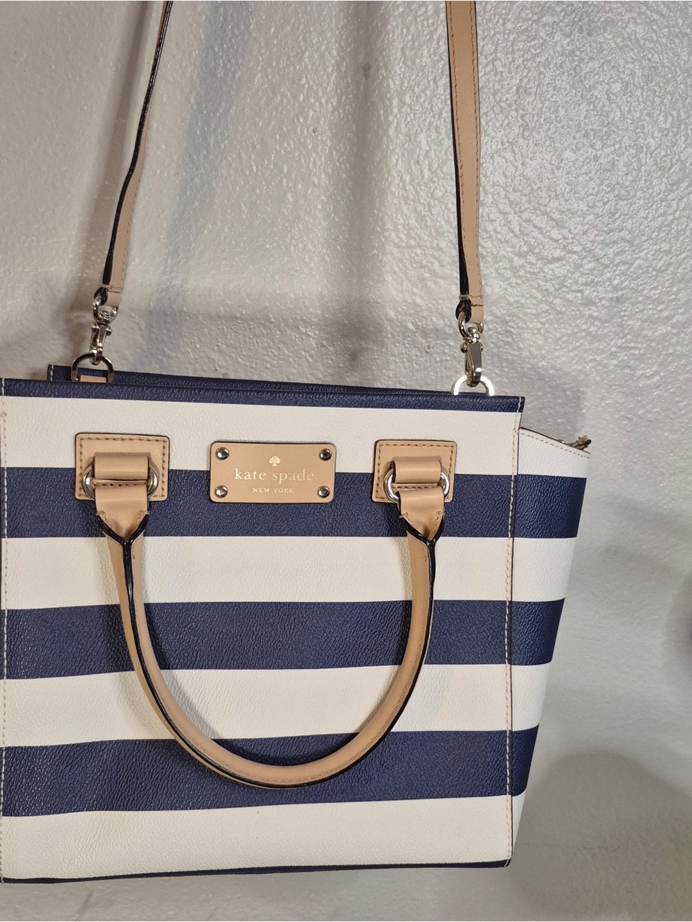Kate Spade - Navy and White Striped Tote with Tan Trim - Picture 3 of 6